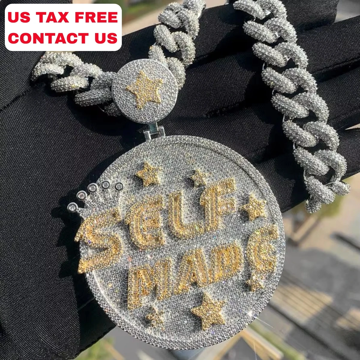 Fashion Letter SELFMADE Hip Hop Jewelry Iced Out Hip Hop Pendant Charms for Men Personality Exaggerated Large Round Necklace