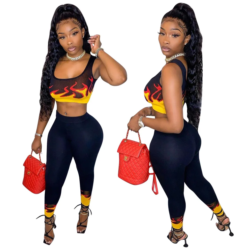 

Wholesale Sexy Bodycon Print Sleeveless Crop Top High Quality Pants Women Summer Two Piece Pants Set, Picture
