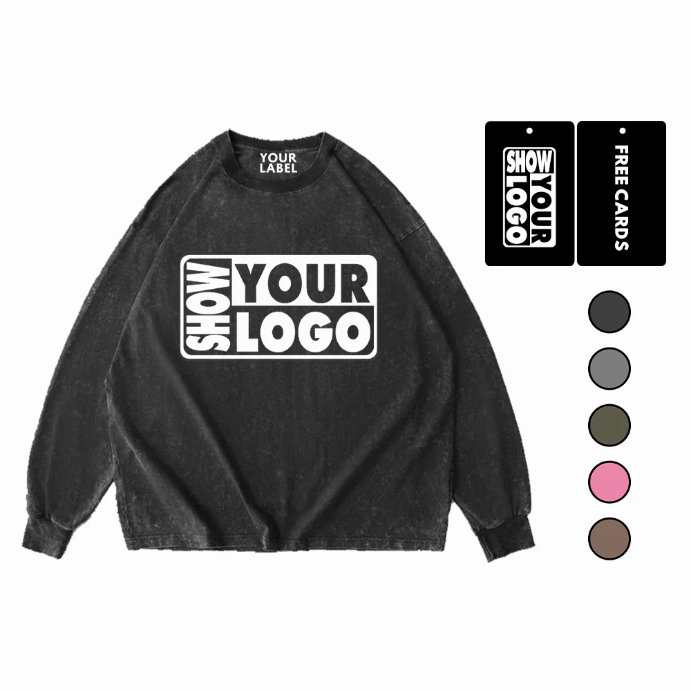 CB122-YPH23014 Unisex Vintage Wash T-Shirts for Men Women Drop Shoulder Long Sleeve Customized Logo Free Hang Tags O-Neck Print