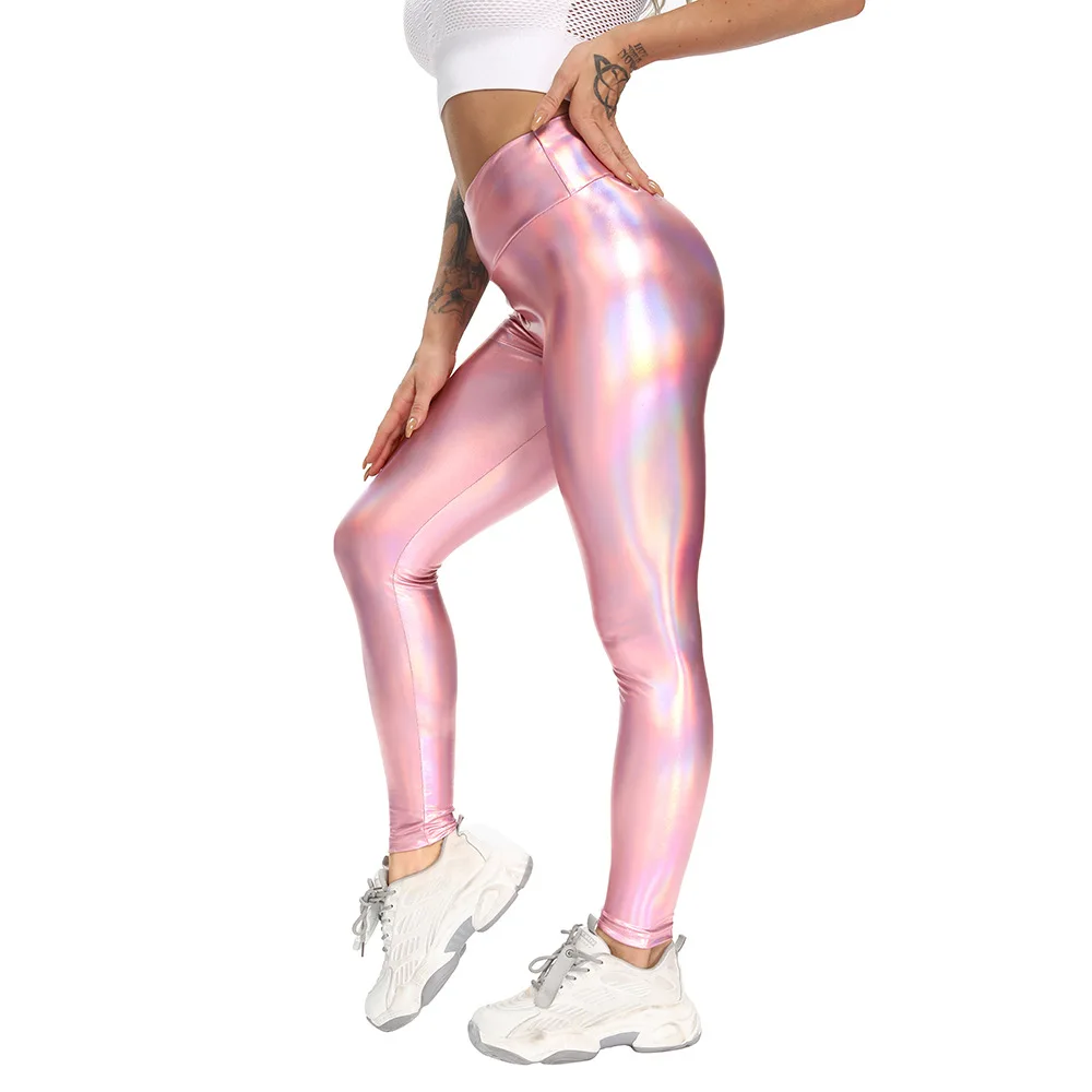 

2021 NEW Women Pink PU Leather Leggings Laser Pencil Pants Push Up High Waist Sexy Skinny Butt Lifting Workout Fitness Trousers, Customized colors