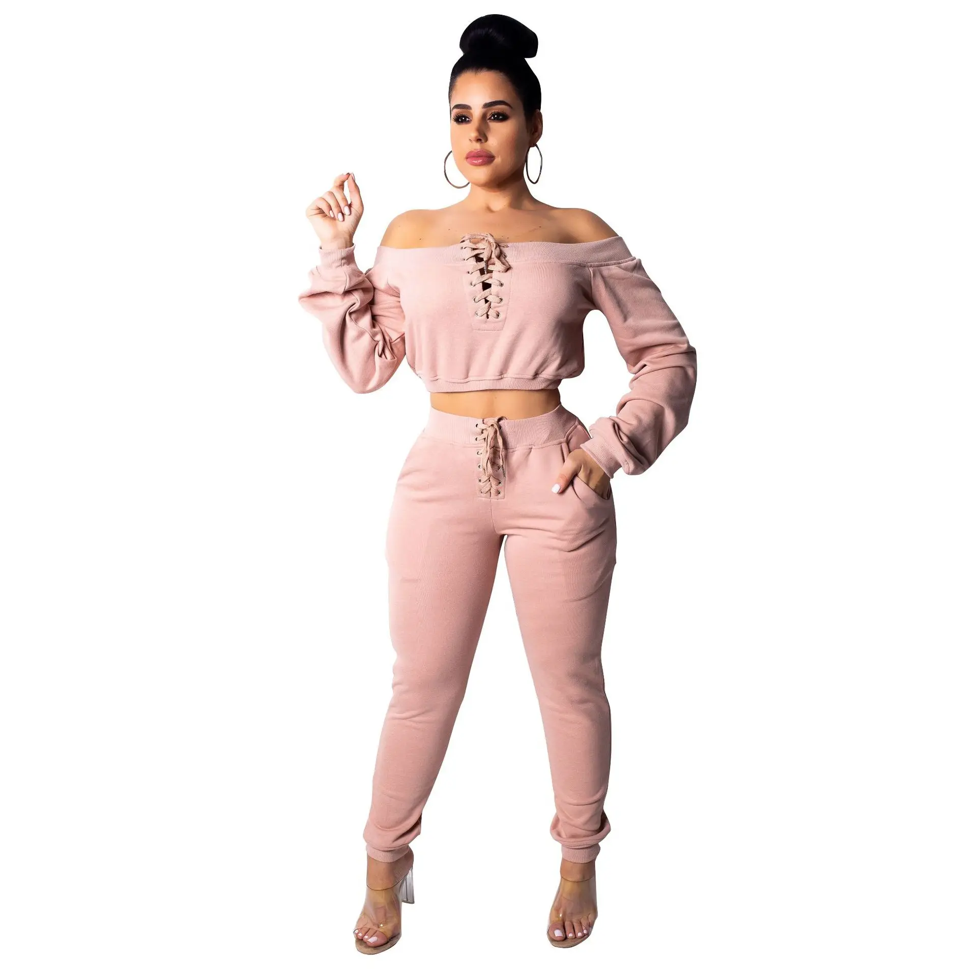 

2020 New arrivals women Long sleeve off shoulder top and pants track suit sports jogging two piece set