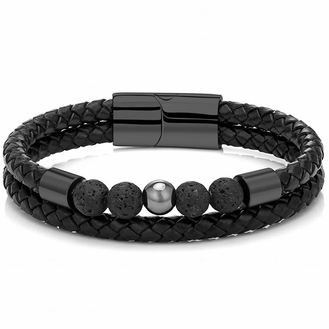 

Fashion Healing Natural Stone Bead Genuine Leather Braided Black Stainless Steel Magnetic Clasp Bracelet For Men Custom logo