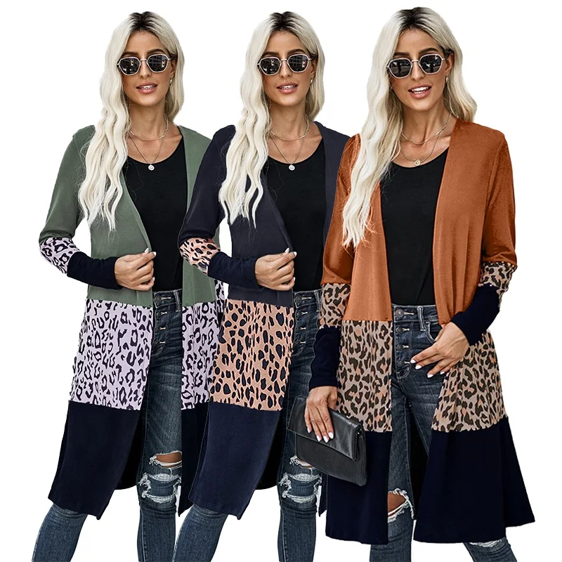 

2021 New Design Loose Sweater Pocket Maxi Long Knit Cosy Leopard Women Cardigans
