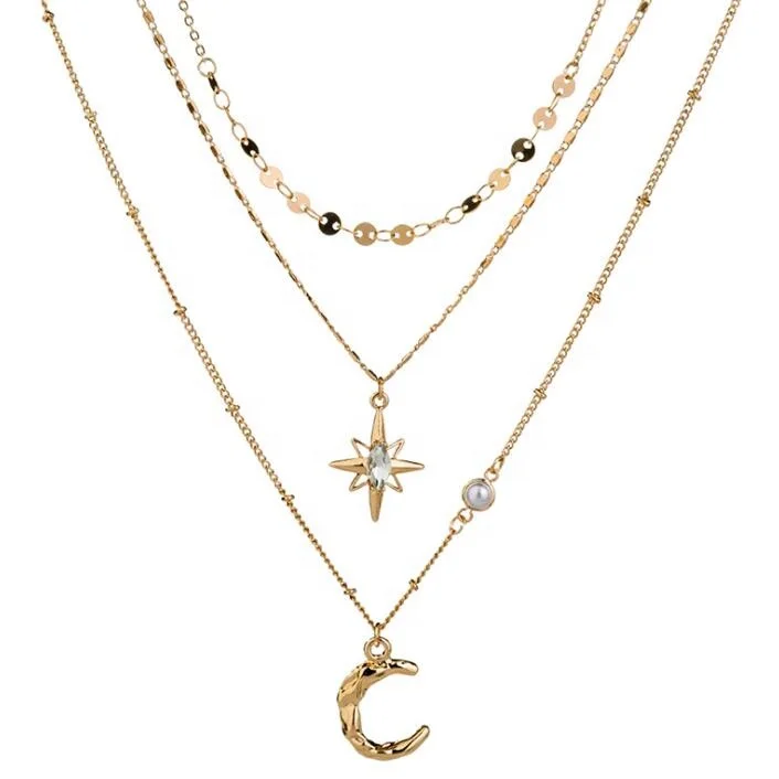 

Bohemia Moon Star and Pearl Charm Link Chain Multi Layered Necklace Jewelry Sets