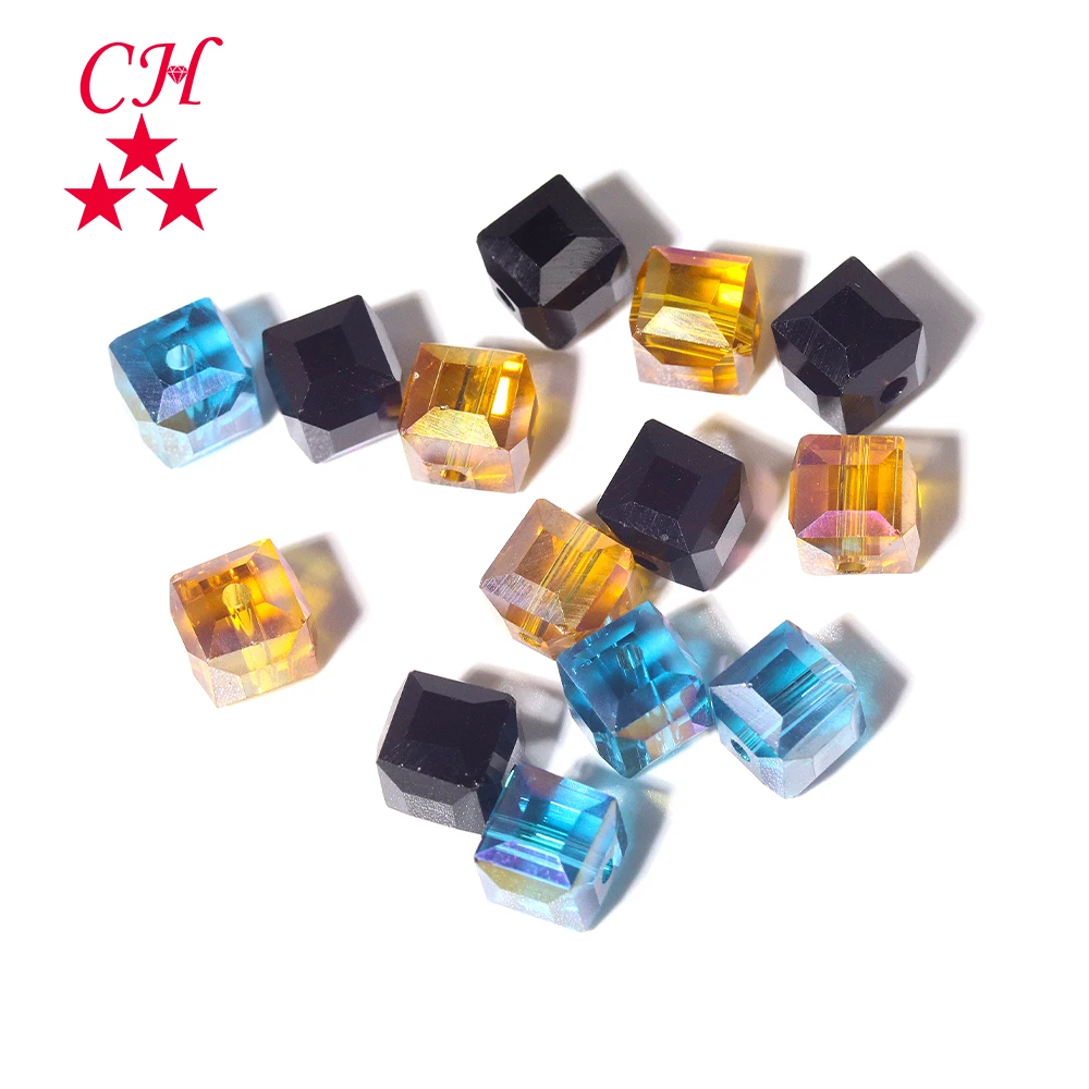 

Hot Sale Shinning Square Shape Crystal Glass Cube Beads for Jewelry Making, Mixed color