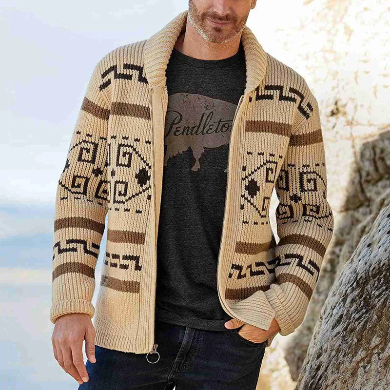 

Casual Tops Men Shawl Collar Sweater Cardigan Long Sleeve Zip-up Knitted Coat Knitwear Fashion Jacquard Coats Male Autumn New