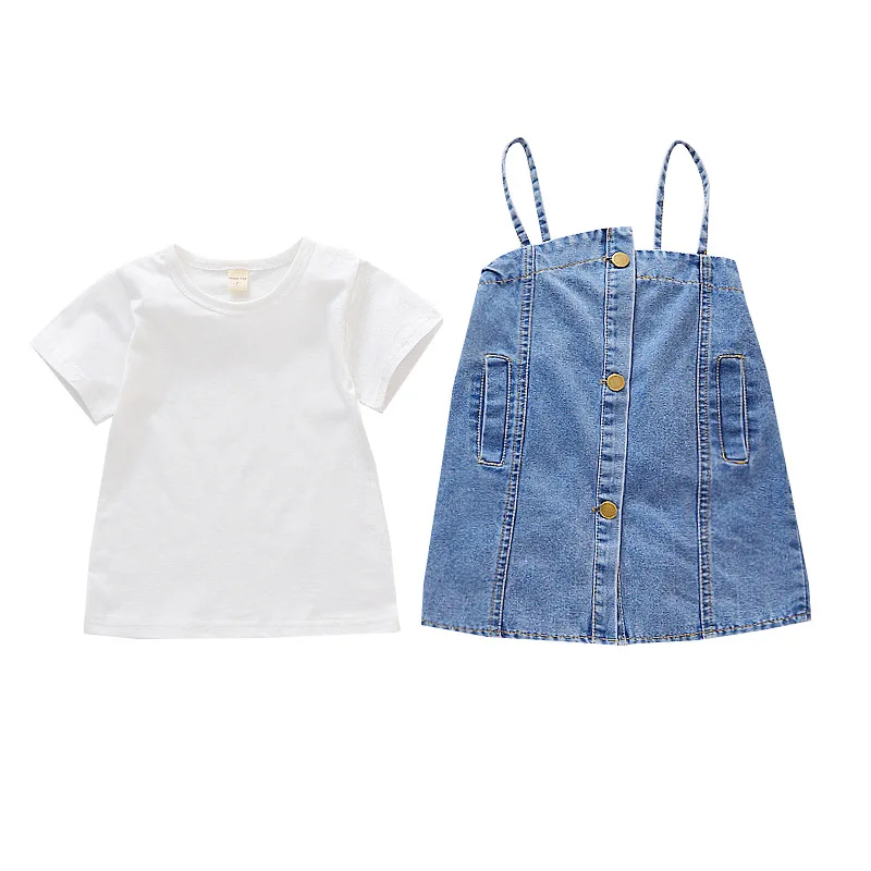 

Toddler Girl Dress Short Sleeve White Cotton And Spaghetti Strap Patchwork Denim Dress Cute Kid Girl Jean Dress For Summer