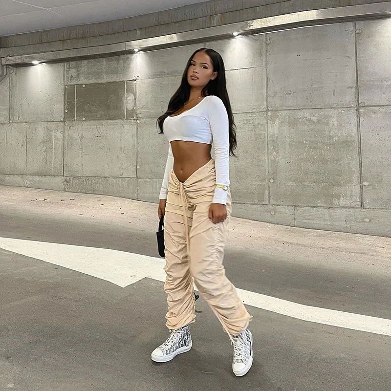 

M496 Drawstring pleat sweatpant streetwear 2021 fall jogging stacked pants women