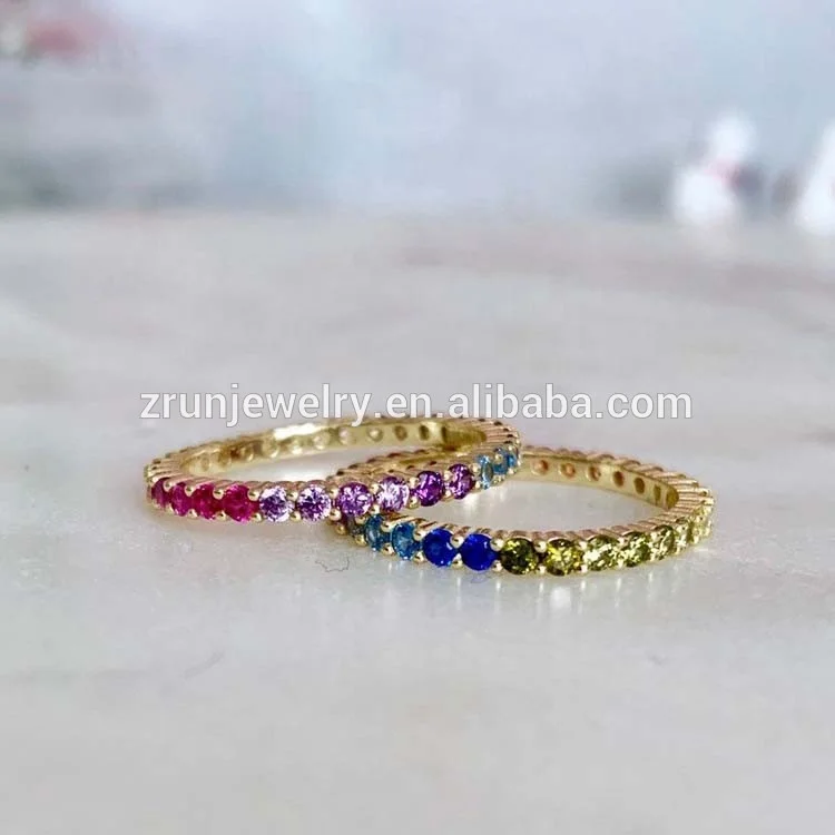 

LOZRUNVE Jewelry Fashion 925 Silver Thin Stacked Rainbow CZ Stones Eternity Ring Jewelry