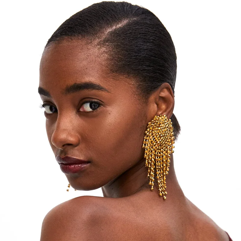 

Luxury Minimalist Jewelry Shining Geometric Full Rhinestone Crystal Tassel Dangle Earrings For Party