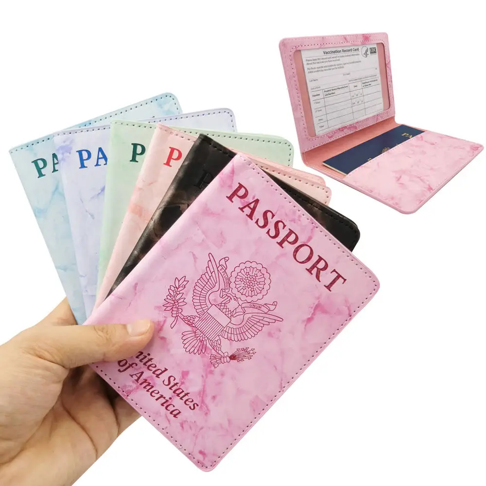 

Amazon hot sell USA design marble pu leather cover travel passport holder with transparent record card case, 23 kinds of color can choice