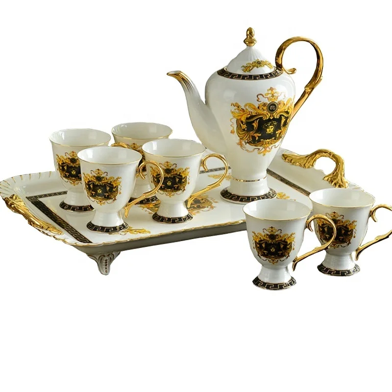 

Top Fashion Luxury Nordic Gilding Home Decors Ceramic 6 Person Fine Bone China Coffee Tea Sets, White and gold