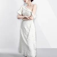 

Latest Fall Ladies Evening Dresses One Shoulder White Elegant Long Lace Maxi Dress