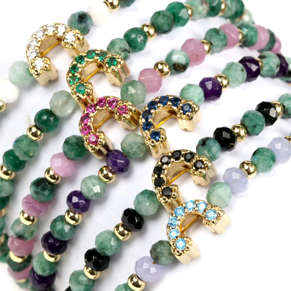 

Semi Precious Green Stones Jewellery Colorful Zircon Inlaid Initial Bracelet Letters Made Of Natural Stones