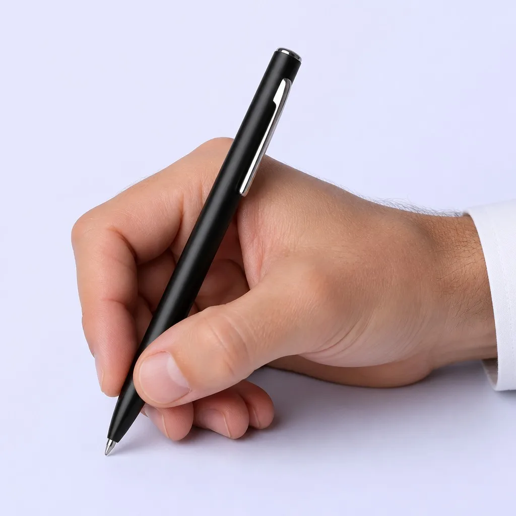 Hand holding a matte black ballpoint pen in a writing grip