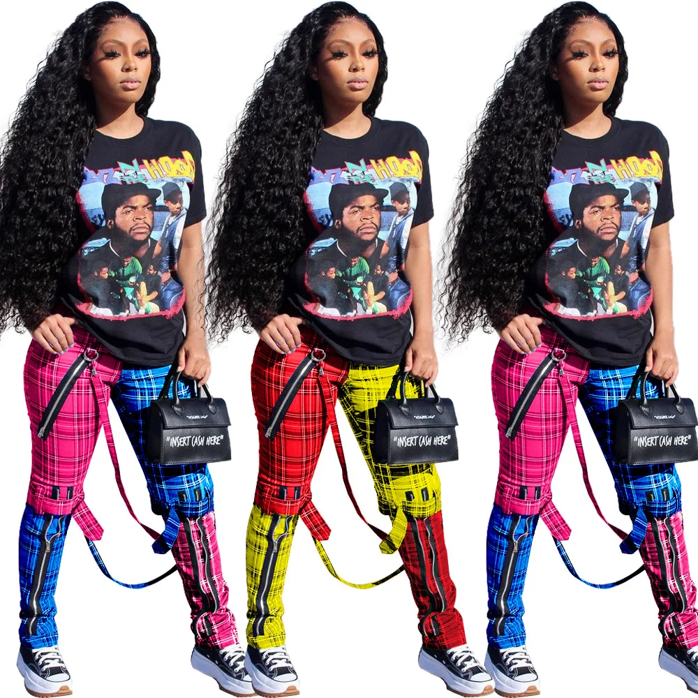 

New Arrival autumn Casual Plaid Color Blocking long pant women zipper Hip Hop pants