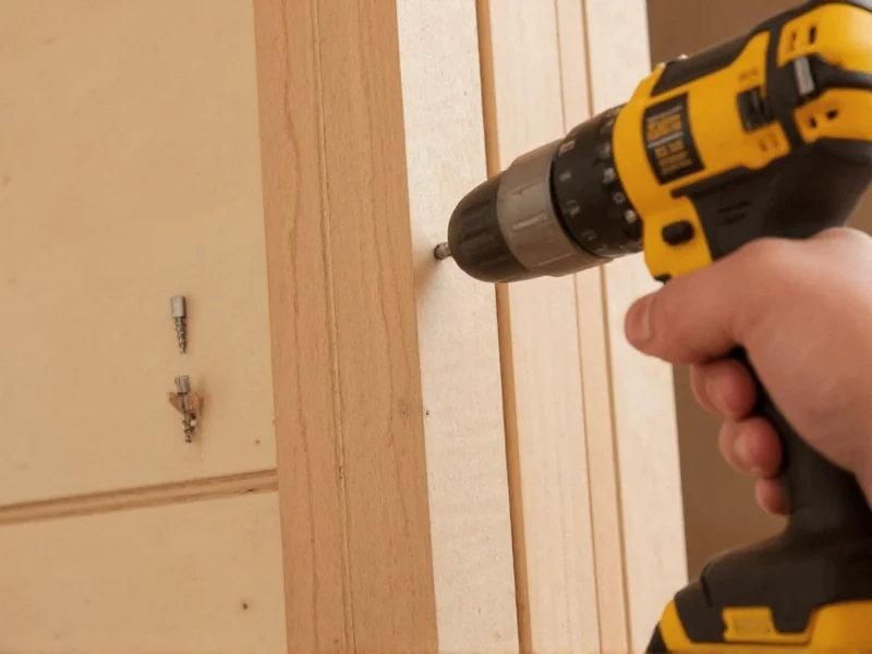Cordless drill driving screw into wooden stud