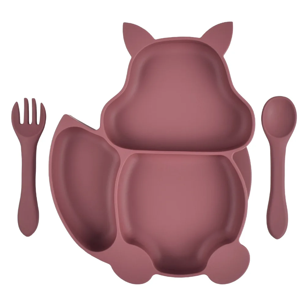 

BPA Free Dishwasher Safe Divided Plate Squirrel Animal Shape Children Kids Suction Silicone Baby Plate With Spoon and Fork, Stock or customized