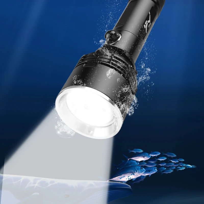

Super bright XHP70 IPX8 highest waterproof rating Professional diving light Powered by 18650 or 26650 battery Diving Flashlight