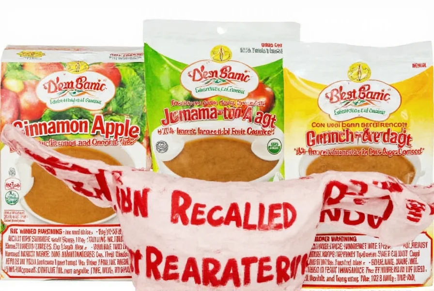 Recalled cinnamon apple puree products showing WanaBana, Weis Quality, and Best Choice packaging with FDA warning labels