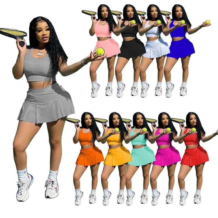 

Hot Casual Sleeveless Vest Crop Underwear Mini Skirt 2 Pieces Set Tennis Fitness Dress Woman Two Piece Short Set Sportwear, White,pink,yellow,gray,red,black,rose,ornage---