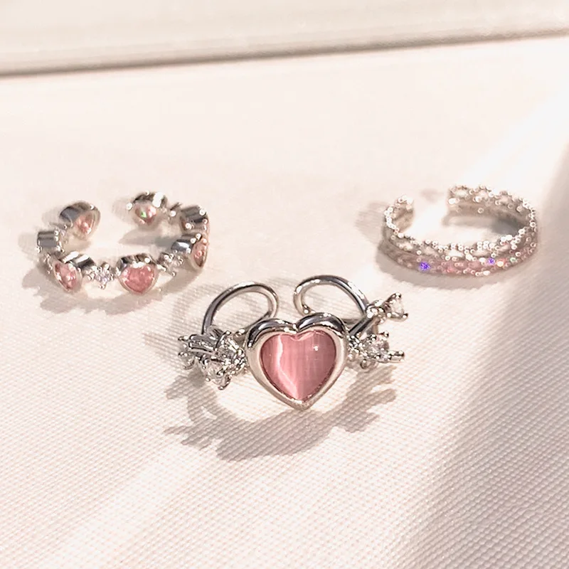 

French Style Fashion Rings Simple Heart Pink Zircon Adjustable Jewelry Ring Set for Women