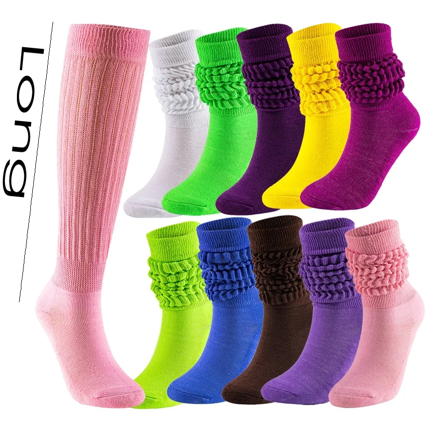 

50 cm extra long Good quality women's knee high sleep ruffle scrunch boot cotton loose custom slouch socks at any length, 10 colors in stock