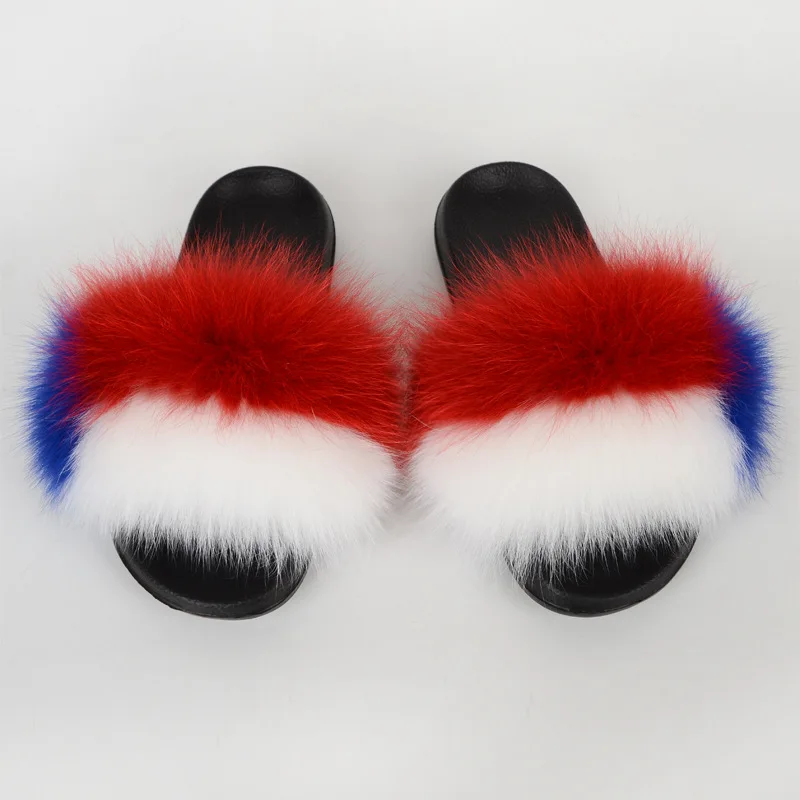 

Curlyfur 2021 New Hot Sell Custom Rainbow Colorful Real Fox Fur Slides Indoor Women's Slippers Slides