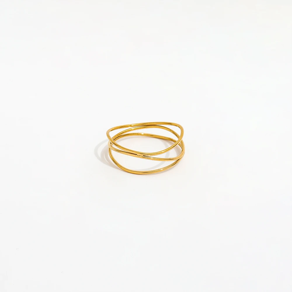 Tarnish Free High End 18K Gold Plated Three Layer Round Lines Cross Dainty Rings for Women Stainless Steel Jewelry