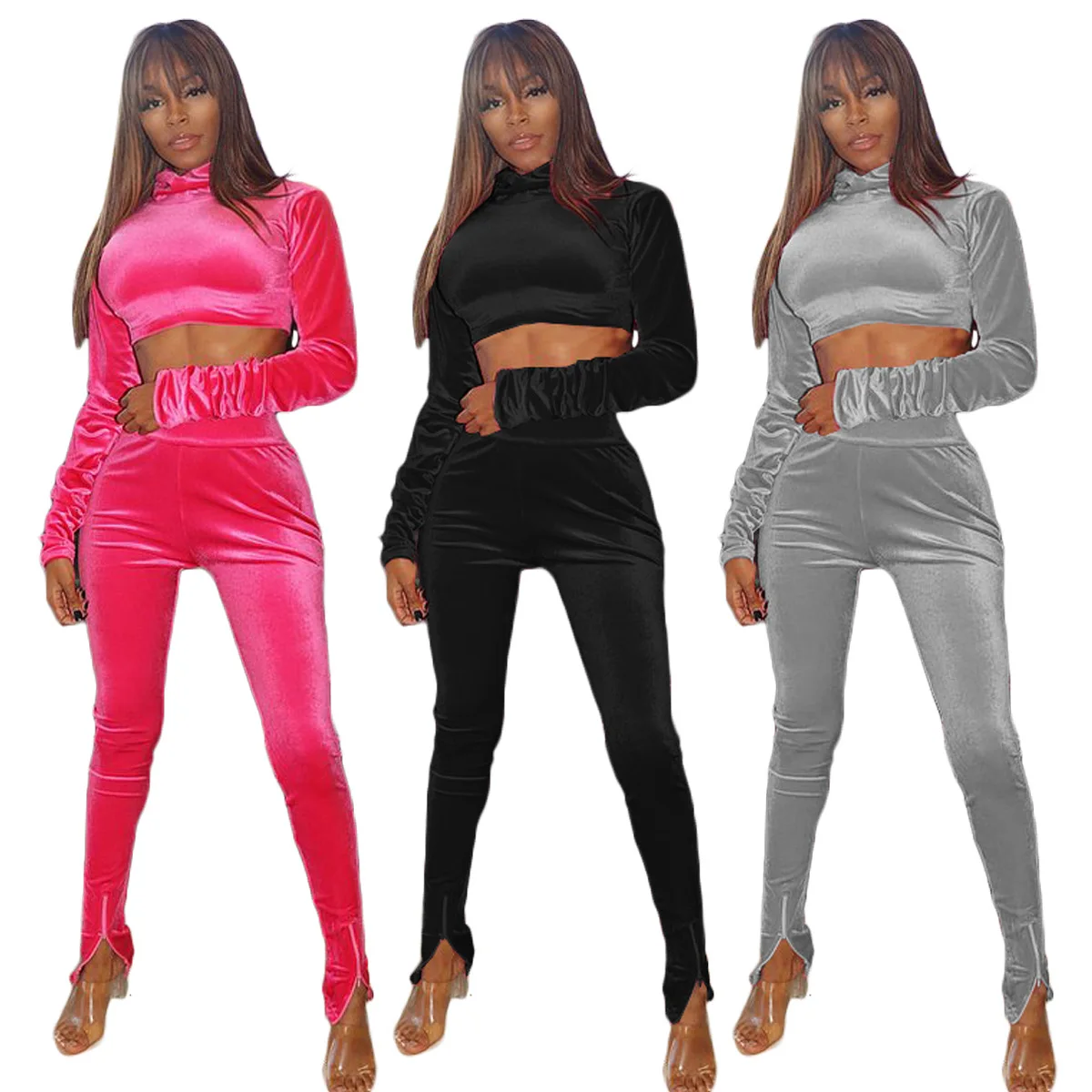 

Fashion Velvet Turtleneck Cropped Sweater Elastic Waist Trousers Women Two Piece Set 2020, Multicolors