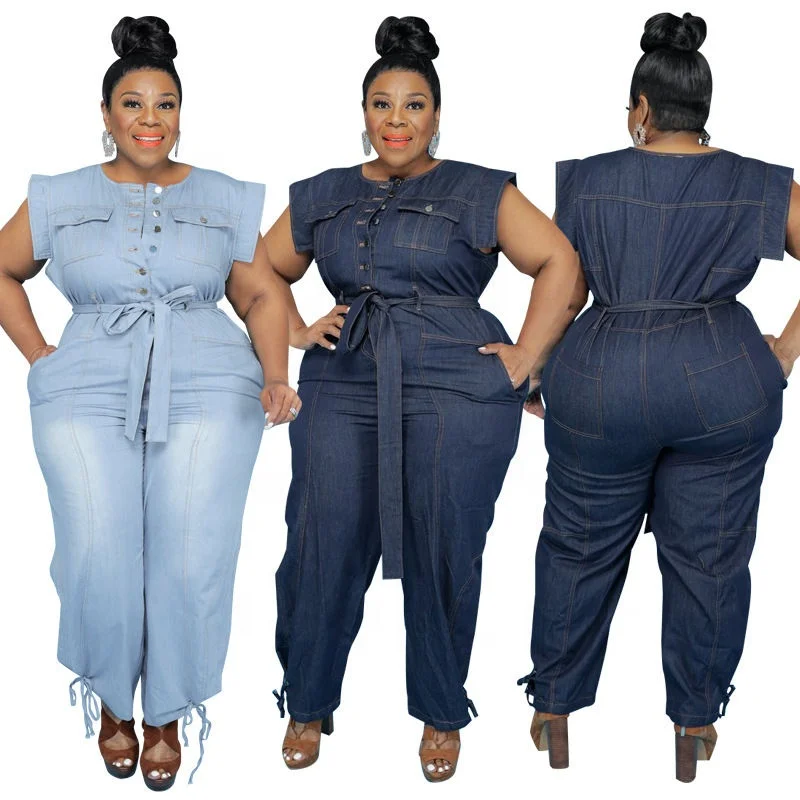 

Plus size jean outfits for women front button romper denim overalls ladies denim jumpsuit loose large size cargo jeans jumpsuit