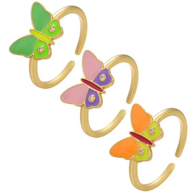 

Simple Gold Plated Enamel CZ Zircon Butterfly Ring Jewelry Colorful Oil Dripping Butterfly Rings For Women, Picture