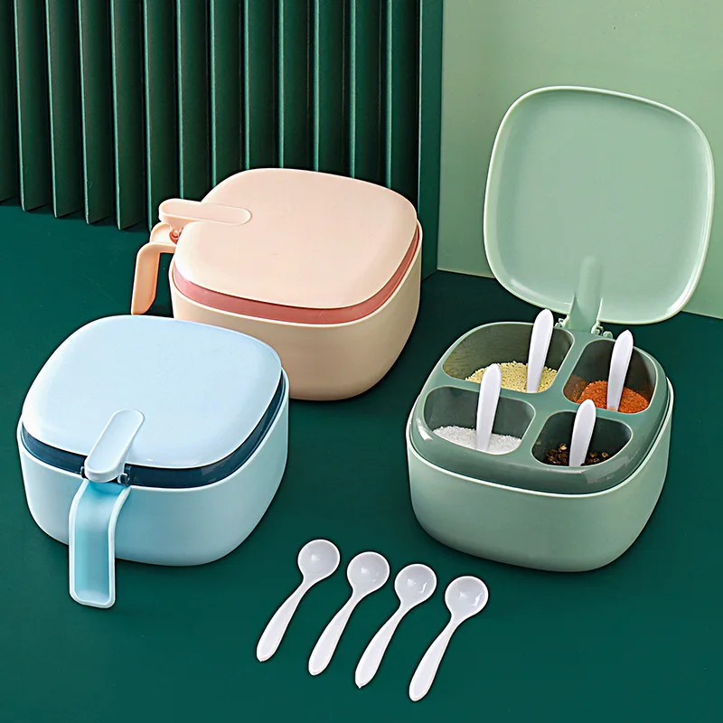 

4 Tray Plastic Spic Jar Set Kitchen Seasoning Box Pot Condiments Container With Spoons, Blue, green, pink