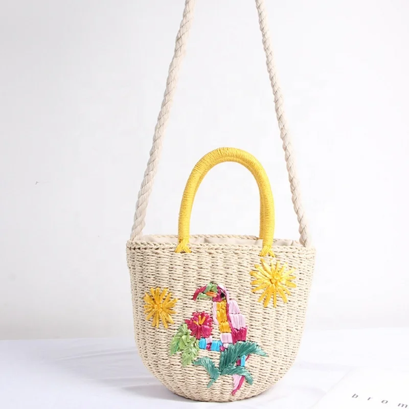 

OEM designer custom embroidery casual fashion women handbag summer beach straw bucket bag, Customizable