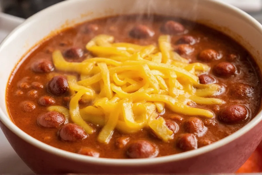 Close-up of steaming bowl of chili with melted cheese topping at Bar J Chili Parlor