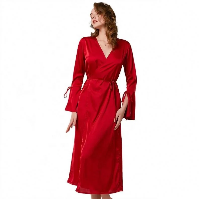 

Customized solid color premium nightgown summer women's ice silk pajamas long satin bridal wedding gown
