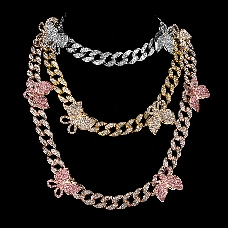 

2020 Europe America New Wholesale Hiphop Style Necklace Women Man Cuban Link Chain Diamond Butterfly Necklace