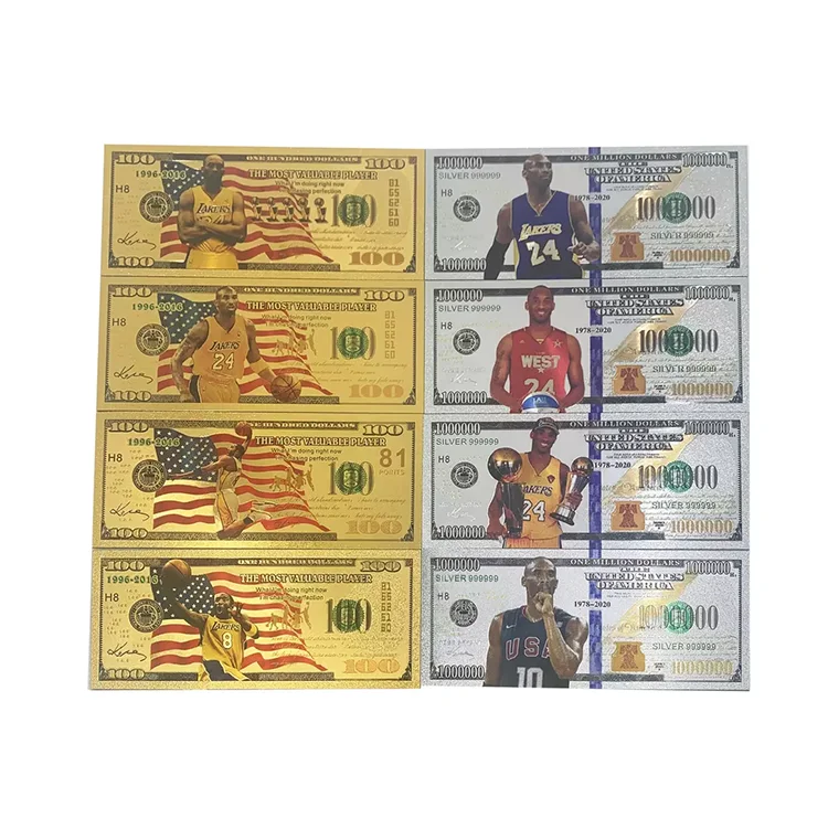 

8Models Kobe Bryant gold plastic card Colored US prop money dollar silver Banknote Basketball player Commemorative Gifts
