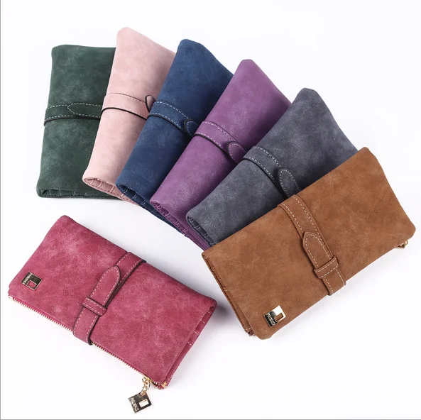 

2021 New hot retro frosted two-fold ribbon women's long travel wallet multi-card ladies wallet, Brown,purple,grey,green,pink,blue