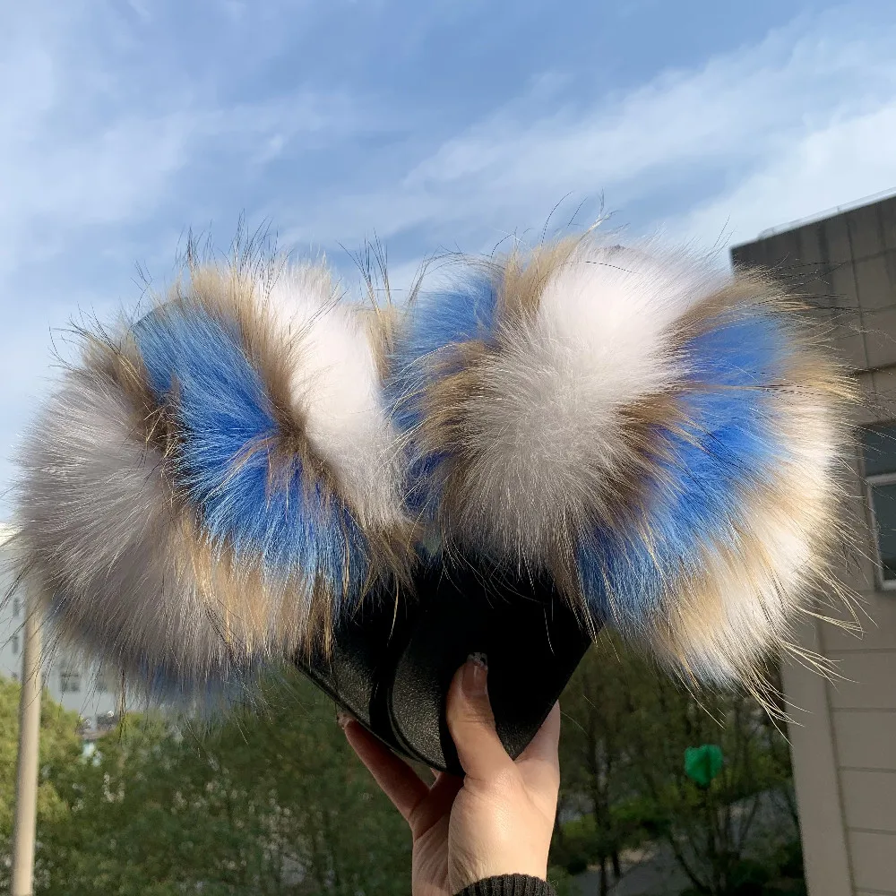 

High Quality Fluffy Real Fox Womens Fur Soft Fur Slides 100% Fluffy Raccoon Fur Slippers For Women, Customized color