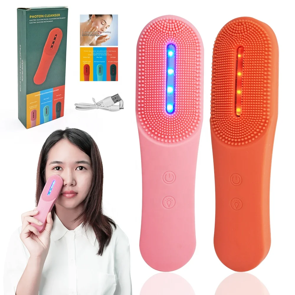 

LED Light Therapy Photon Handheld Sonic Silicone Facial Cleansing Brush, Pink, orange,green,blue