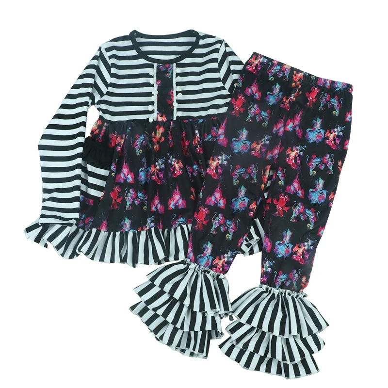 

2021 new design set autumn black and white stripe cartoon baby girl suit clothes