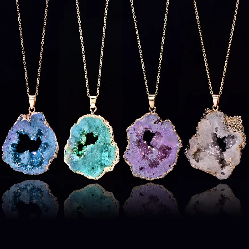 

Wholesale Natural Stones Agate Crystal Pendant Gold Plated Gemstone Druzy Necklace Pendants for Women Fashion Jewelry