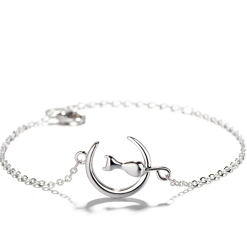 

Fashion Minimalist Charm Bracelet Korean Silver Copper Moon Cat Bracelets For Women Animal Jewelry (SK912), As picture