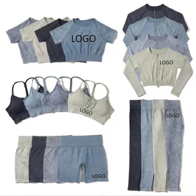 

2022 5pc Yoga Wear washed denim Yoga Set zipper Beauty Back Workout Clothing Seamless jacket Outfit Activewear Fall Gym Wear, Blue,green,gray,black