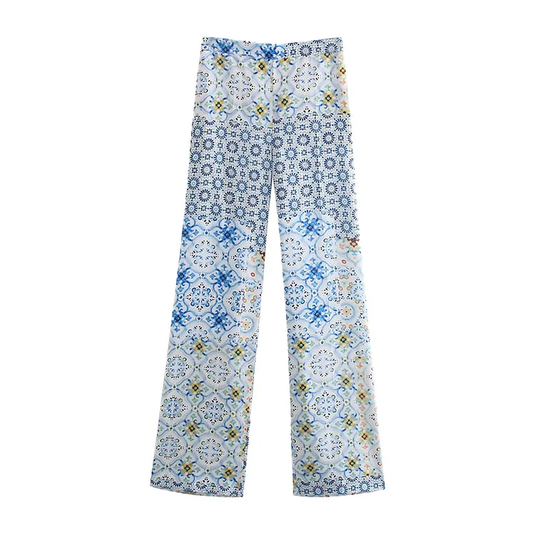 

BMURHMZA2021 summer new women's casual holiday style patchwork printed elastic waist pocket women's wide leg pants, Picture shown