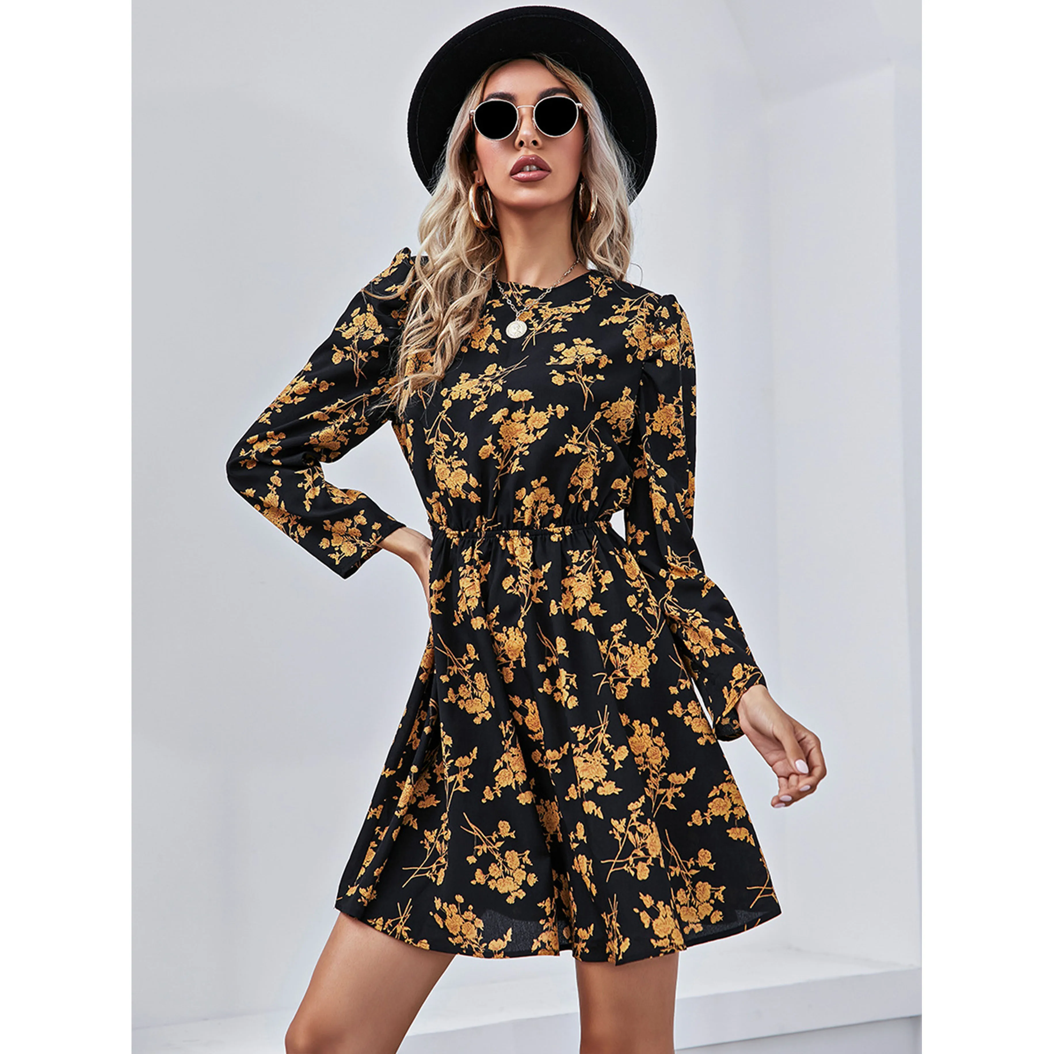 

New Arrival Floral Print Woman Casual Dress Long Sleeves Dresses Women Lady Elegant O-Neck Clothing Wholesale