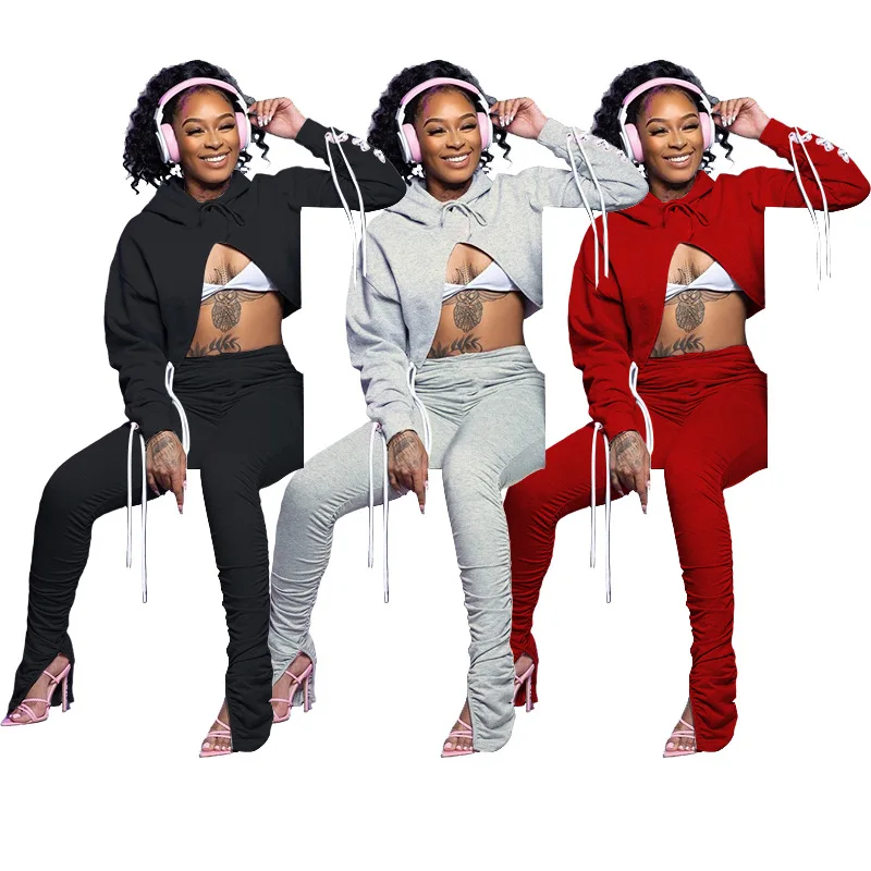 

2021 Hot Sale Sexy Hoodies Crop Top and Stacked Pants Solid 2 Piece Women Tracksuits Set, Red,gray,black