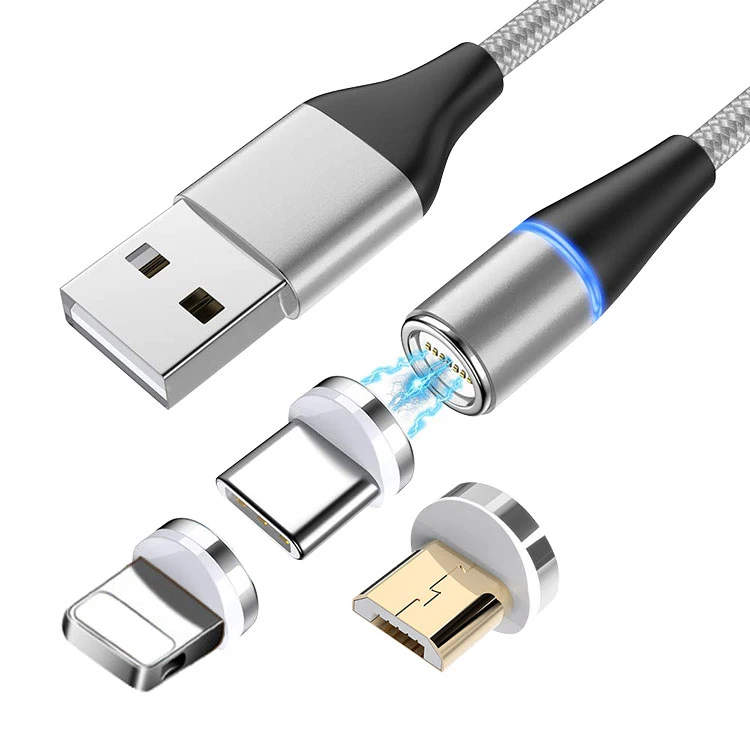 

New Product Ideas 2021 Nylon Braided 3 IN 1 Magnetic Charging Cable With IOS Micro Type C, Black silver blue gold red