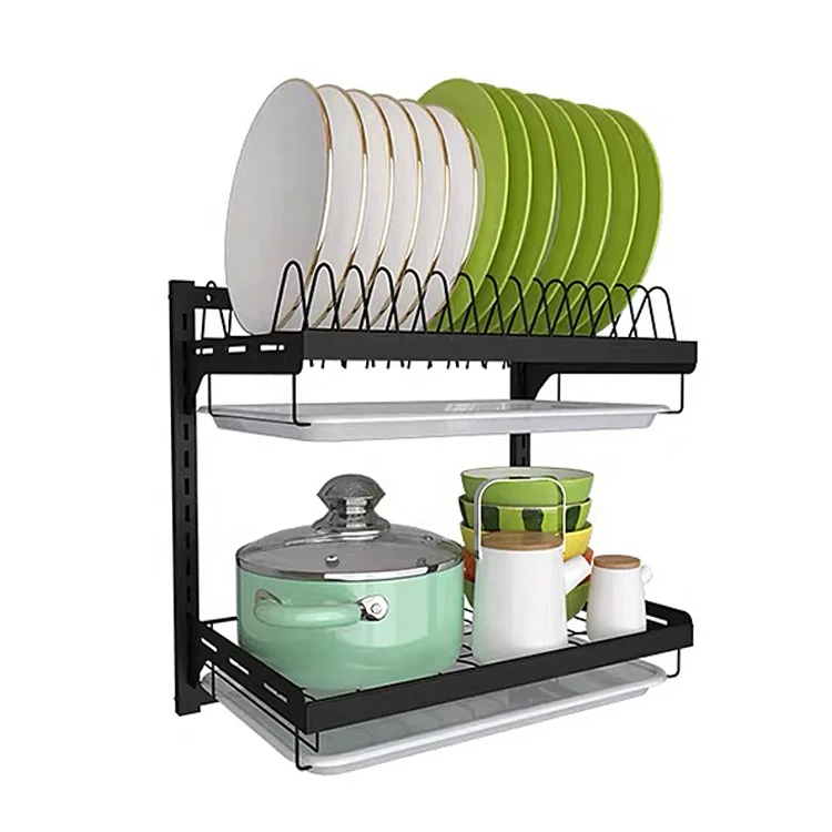 

Paint 2 Tiers Wall Mounted Dish Drying Drainer Hanging Rack Kitchen Space Saver Hanging Shelf With PP Water Tray